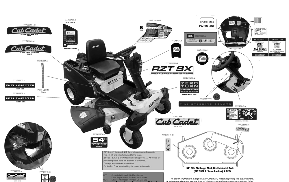 Label Map Diagram and Parts List for RZT-SX54KW (17AICBYA056)(2018) Cub Cadet Lawn Tractor